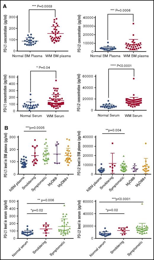 Figure 4. Level of soluble PD-L1 and PD-L2 concentration in the BM plasma as well as peripheral blood serum of the patients with WM. Normal and WM BM samples were processed to separate cells from BM plasma containing soluble factors. Peripheral serum samples were collected from WM patients and normal donors. The concentration of PD-L1 and PD-L2 on these samples was determined using ELISA. (A) Dot plots compare mean ± SEM of PD-L1 and PD-L2 between WM and normal samples. Normal BM plasma, n = 20; WM plasma, n = 28; normal serum, n = 20; WM serum, n = 52. (B) Dot plots compare the PD-L1 and PD-L2 levels between normal, smoldering, and symptomatic WM patients, as well as MyD88− vs MyD88+ WM patients. Significant differences and the P values are shown on each plot.