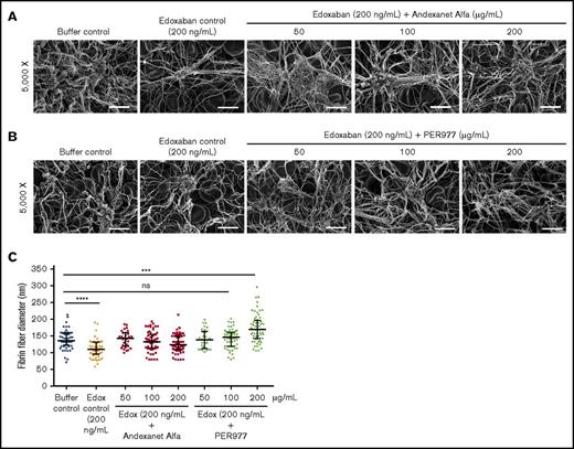 Figure 3. Antidotes normalize impaired fibrin formation and fiber diameter of edoxaban-treated clots. Blood clots were generated by incubating antidotes in noncitrated whole blood containing 200 ng/mL edoxaban at 37°C. (A-B) Clots formed in the presence of edoxaban (200 ng/mL, final) have fewer fibers compared with the buffer control. However, normal clot signatures can be observed in edoxaban clots, treated with 50, 100 and 200 µg/mL of Andexanet Alfa or PER977, respectively. Clot images were taken at 2 magnifications (original magnification ×2500 and ×5000, respectively. Only images from the ×5000 magnification are depicted (scale bars, 5 µm). (C) Blood clot fiber diameters in edoxaban (Edox)–treated clots formed in the absence or presence of an antidote. Fiber diameters were measured from scanning electron micrographs using ImageJ software. A total of 60 fibers were analyzed from 2 independent experiments. Fibers for size analysis were selected from 4 images by probing 4 different spots in each image. Data are median with interquartile ranges (n = 60). Black horizontal lines represent median, and error bars represent interquartile range. Statistical significance for fiber diameter was determined by comparing the antidote treated group to the buffer control using a Kruskal-Wallis test followed by a Dunn post-test. Asterisks indicate significant differences in comparison with the buffer control. A significant reduction in fiber diameter was observed in edoxaban-containing clots compared with the buffer control (****P < .0001). The diameter of fibrin fibers formed in edoxaban clots containing 50, 100, and 200 µg/mL Andexanet Alfa is comparable to that of the buffer control. A similar effect was observed with 50 and 100 µg/mL PER977. However, fiber diameters formed in the presence of 200 µg/mL PER977 were significantly larger than the buffer control clot (***P = .0004).