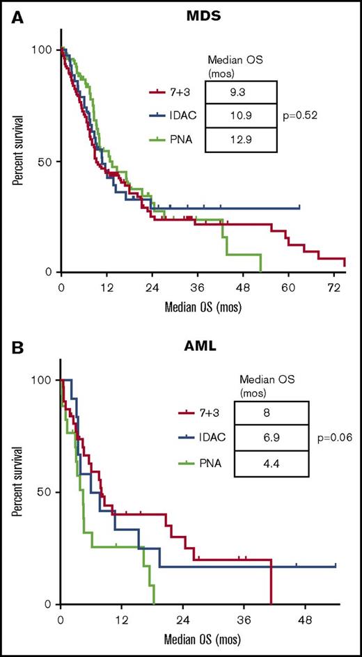 Figure 1. Kaplan-Meier estimates of the OS for different induction chemotherapy regimens. In MDS (A) and AML (B). Survival is expressed in months after induction. Each tick mark represents a censored patient. (A-B) No significant difference in survival among the induction regimens for patients with MDS or AML.