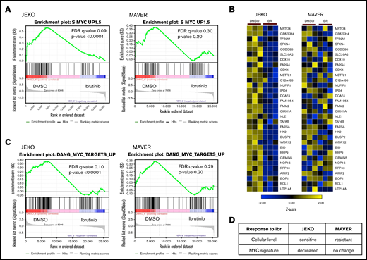 MYC suppression correlates with primary ibr sensitivity. (A) GSEA of MYC gene signature33 in JEKO and MAVER cells after treatment with either 0.4 µM of ibr for 6 hours or DMSO. False discovery rate (FDR) and P values are indicated. (B) Heat map showing differential gene expression in top-ranked genes from MYC signature in JEKO and MAVER cells after treatment with either 0.4 µM of ibr for 6 hours or DMSO. Biological triplicate experiments were conducted and represented by 3 columns for each condition. (C) Table summarizing the changes in MYC signature in relation to cellular response to ibr. (D) Confirmatory GSEA using a different set of MYC signature genes.34