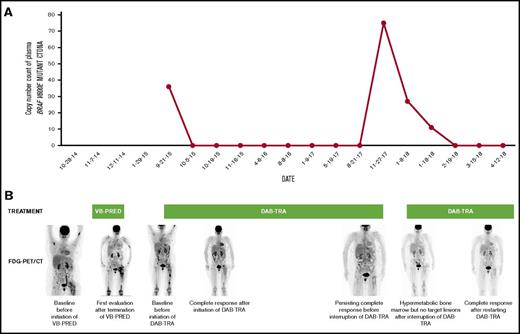 Figure 1. Longitudinal disease monitoring with plasma BRAFV600E-mutant ctDNA and FDG-PET/CT during treatment with vinblastine-prednisone (VB-PRED) and dabrafenib-trametinib (DAB-TRA). (A) Longitudinal disease monitoring by quantitative assessment of the copy number of BRAFV600E-mutant ctDNA within the plasma. BRAFV600E-mutant DNA becomes undetectable during treatment with DAB-TRA but is detectable when treatment is interrupted. When treatment is resumed, BRAFV600E-mutant DNA copy numbers decrease and become undetectable after 6 weeks of treatment. (B) FDG-PET maximal intensity projection imaging. Sites of disease activity are revealed by more intense (black color) FDG focal uptake in the skeleton. Upon treatment with dabrafenib-trametinib, FDG uptake is normalized but recurs discreetly after interruption of therapy.