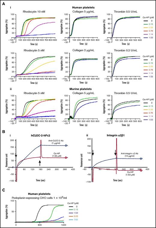 Figure 3. Co-HP almost specifically inhibited rhodocytin-induced platelet aggregation by binding to CLEC-2. (A) Inhibitory effects of Co-HP on the aggregation of washed human (i) or murine (ii) platelets (2 × 108/mL) induced by rhodocytin, collagen, or thrombin. The results from 1 experiment, representative of 3 experiments, are shown. (B) Binding between Co-HP and hCLEC-2–hFc2/integrin α2β1 was analyzed by surface plasmon resonance assay. (i) Co-HP (red line) or anti–CLEC-2 antibody (blue line) were flowed over an immobilized hCLEC2-rFc2 or a control surface. (ii) Co-HP (red line) or anti-integrin α2β1 antibody (blue line) were flowed over an immobilized recombinant integrin α2β1 or a control surface. The arrows indicate the beginning and the end of analyte perfusion. The results from 1 experiment, representative of 3 experiments, are shown. (C) Inhibitory effects of Co-HP on the aggregation of washed human platelets (1 × 109/mL) induced by hPod-CHO (1 × 106/mL). The results from 1 experiment, representative of 3 experiments, are shown.