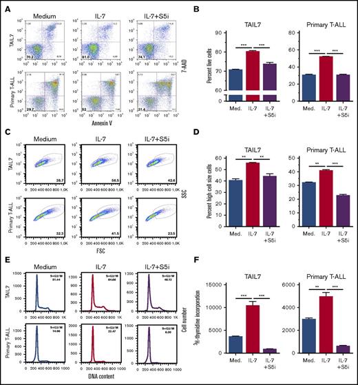 Figure 3. STAT5 inhibition abrogates IL-7–mediated T-ALL cell viability, cell growth, cell cycle progression, and proliferation. IL-7-deprived TAIL7 or primary T-ALL cells were cultured in medium, IL-7, or IL-7 plus S5i (100 µM and 150 µM, respectively). Cell viability (A-B), cell growth (C-D), cell cycle (E), and proliferation (F) were determined at 72 hours. Results are representative of at least 2 independent experiments or patients. Graphics represent average of triplicates ± SEM. **P < .01; ***P < .001.
