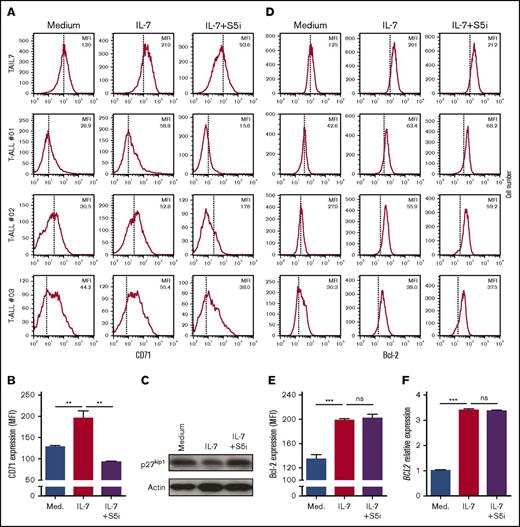 Figure 4. STAT5 inhibition abrogates IL-7–mediated upregulation of CD71, and downregulation of p27kip1, but not upregulation of Bcl-2 in T-ALL cells. IL-7-deprived TAIL7 or primary T-ALL cells were cultured for 72 hours in medium, IL-7, or IL-7 plus S5i, and analyzed for CD71 surface expression (A-B), expression of p27kip1 (C), and Bcl-2 levels (D-E). Mean fluorescence intensity (MFI) values are indicated for each flow cytometry histogram. Vertical lines indicate peak value in medium alone. (F) Under the same experimental conditions, TAIL7 cells were collected at 24 hours, and BCL2 transcript levels determined by qPCR. Fold induction is normalized to the medium alone. Results are representative of at least 2 independent experiments or 3 patients. Graphics represent average of triplicates ± SEM. **P < .01; ***P < .001. ns, not significant (P ≥ .05).