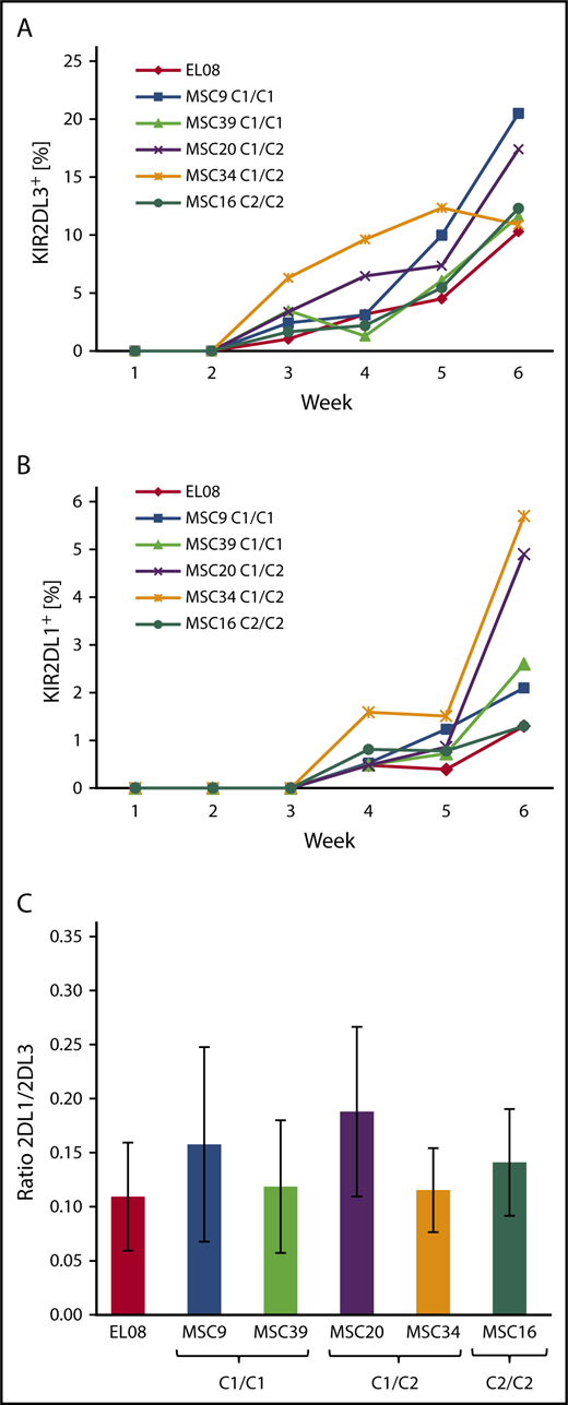 Figure 4. KIR repertoires do not adapt to stromal HLA class I ligands during NK cell development. Frequency of KIR2DL3 (A) and KIR2DL1 (B) expression during the course of NK cell differentiation of HSPCs from a single CB with KIR A/A genotype on a panel of 5 MSC lines with divergent HLA-C ligands and EL08.1D2. (C) KIR2DL1/KIR2DL3 ratios (mean and standard deviation) of NK cells at week 5 of differentiation of CB-derived HSPCs (n = 3) on EL08.1D2 and the indicated MSC lines. All CB had an A/A KIR genotype. Differences between MSC cultures were nonsignificant by the Fisher t test.