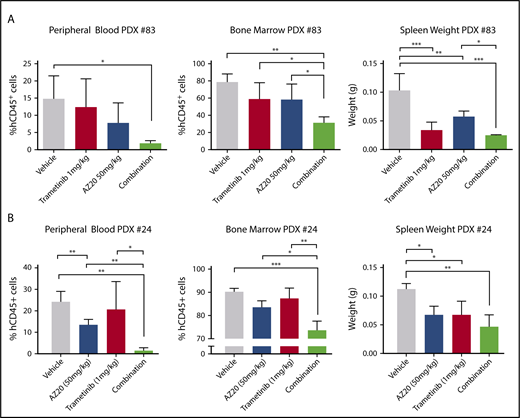 Figure 6. Antileukemic efficacy of combination MEK and ATR inhibition in human MLL-AF4 mutant N-RAS B-ALL in PDX models. Patient samples harboring MLL-AF4 and mutant N-Ras were injected in NSG mice that were treated with vehicle, single-agent trametinib (1 mg/kg), single-agent AZ20 (50 mg/kg), or the combination for 15 days. Percentage of human leukemic blasts in hematopoietic tissues and spleen weights of treatment cohorts for PDX 83 (A) and PDX 24 (B). For all vehicle and single-agent treatment groups, n ≥ 4 mice; for the combination group, n = 3. ***P < .001, **P < .01, *P < .05.