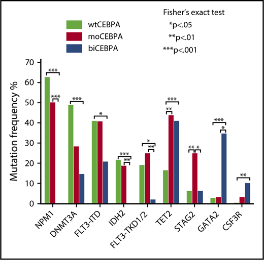 Figure 1. Mutation spectrum of moCEBPA, biCEBPA, and wtCEBPA. Evaluation of the mutation spectrum of moCEBPA (n = 32) and biCEBPA (n = 48) patients in comparison with wtCEBPA samples (n = 287). Eight of 20 genes with a mutation frequency of ≥5% were significantly associated with ≥1 groups.