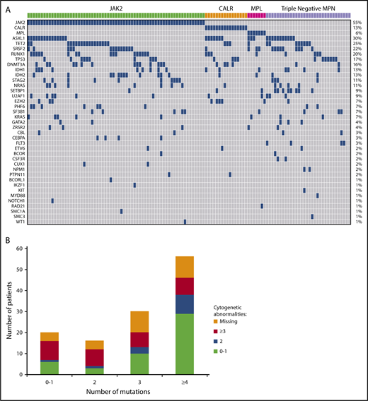 Figure 2. (A) Landscape plot of mutations. Each column represents an individual patient. The percentages on the right of the table represent percent of study patients with a mutation in each gene. (B) Number of mutations stratified by number of cytogenetic abnormalities.