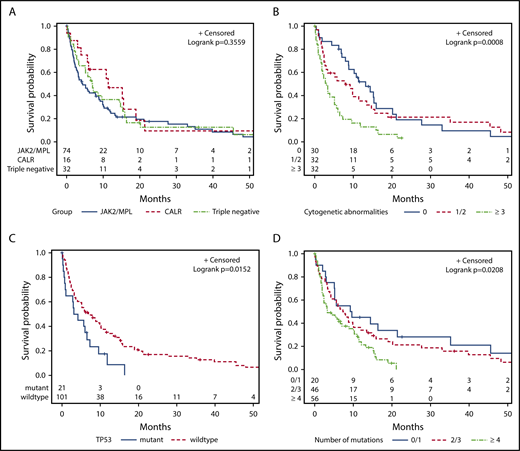 Figure 3. Kaplan-Meier curves for univariate analysis, irrespective of treatment approach. Stratified by (A) JAK2/MPL vs CALR vs triple-negative patients, (B) cytogenetic abnormalities, (C) TP53 mutation, and (D) number of mutations.