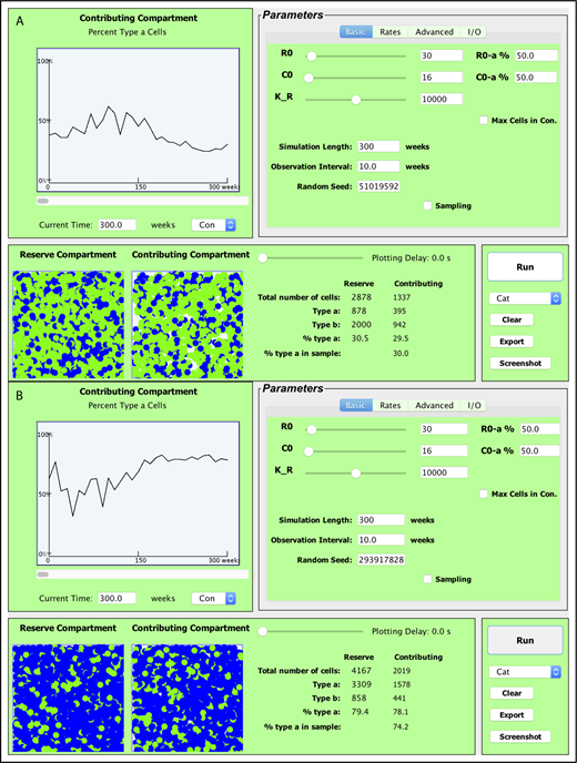 Figure 2. Screenshots of the current version of the visualization tool. Shown are 2 simulations where a small number of HSCs, 30 (R0 = 30) and the equivalent number of contributing clones that would be present in an aspirate of feline marrow containing 30 HSCs (C0 = 16) are transplanted into a lethally irradiated cat. Fifty percent of the initial transplanted cells are type a (blue) and 50% are type b (green), simulating the autologous transplantation of small numbers of G6PD heterozygous marrow cells as in Abkowitz et al12 and Golinelli et al19. Observations were plotted every 10 weeks for a 300-week (∼6-year) interval. By the end of the simulation period in panel A, 2878 HSCs are present in the HSC compartment (or HSC reserve); 30.5% are type a. There are also 1337 contributing clones of which 29.5% are type a. Note that the HSC compartment is not yet full at 220 weeks (4 years after this transplantation) as the number of HSCs (N = 2878) is much less than the capacity of the stem cell compartment (K = 10 000 in this simulation). Model parameters, including λ, α, ν, and μ of type a and type b cells, can be independently controlled under the “Advanced” tab (top right). Data are preloaded for cat (shown), mouse, nonhuman primates, and humans, in accordance with Abkowitz et al,3 Catlin et al,4 Abkowitz et al,5 Shepherd et al,7 Guttorp et al,9 Abkowitz et al,12 Fong et al,13 and Becker et al.14 For cat, the preset value for λ = once per 10 weeks and ν = once per 12.5 weeks (9). The second simulation (B) has identical input parameters as the first simulation (A) but produces a vastly different outcome. Max Cells in Con., maximum cells in contributing compartment.