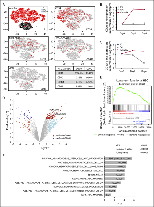 Figure 2. VPA alters the transcriptional landscape of UCB-CD34+ cells. (A) GEM drop-seq analysis of uncultured single CD34+(D0) and CD34+ cells isolated from cultures incubated for 2 days with VPA (D2). Gene expression data were plotted in 2D, using nonlinear projection t-SNE. Subpanel a indicates distinct clusters of cells D0 (black) and D2 (red). The other subpanels indicate expression of CD34, CD90, CD49f, and CD38 genes in each single cell (gray: not expressed, red: expressed). (B-C) Bulk RNA-seq analysis indicates CD90 (B) and CD49f (C) gene expression in the uncultured (PC), UCB-CD34+ cells (black triangle) and in CD34+ cells isolated from cultures expanded with cytokines alone (gray) or VPA (red). (D) Volcano plot represents differential expressed genes analyzed by bulk RNA-seq in CD34+ cells isolated from cultures expanded for 4 days with VPA compared with CD34+ cells expanded with cytokines alone (n = 3). VPA treatment upregulated 188 and downregulated 51 genes (log2 fold change, >4, with an FDR < 0.05). (E-F) The upregulated genes shown in panel D were enriched for the gene set that are upregulated in primate HSCs (E) and for other upregulated genes sets in human and murine HSCs and HSPCs (F) analyzed by GSEA. “n” is the number of biological replicates. cpm, counts per million; FDR, false discovery rate; NES, normalized enrichment score.