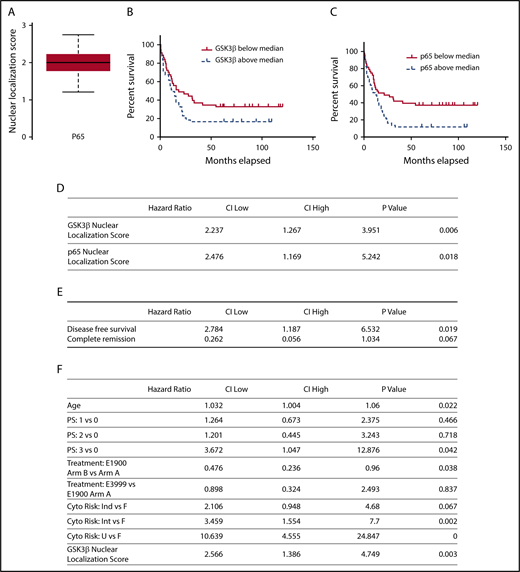 Figure 6. Nuclear localization of GSK3β and p65 predict AML survival. (A) Nuclear localization scores of p65 were quantified using imaging cytometry (n = 86). A box-and-whisker plot displaying the median and quartile distributions is shown. (B-C) Kaplan-Meier survival curve analysis comparing overall survival of AML patients based on nuclear localization scores of GSK3β (B) or p65 (C) above and below the median. (D) Nuclear localization scores of GSK3β and p65 were correlated to patient survival using multivariate Cox proportional hazard analysis controlling for age, sex, treatment group, and performance status (n = 86). Nuclear GSK3β localization improves a multivariate Cox proportional hazards model for overall survival. (E) Nuclear localization scores of GSK3β were correlated to patient complete remission and disease-free survival using a logistic regression model (n = 86). Increased GSK3β is associated with less DFS and trended to less CR (HR = 2.784 and 0.262, P = .019 and 0.067, respectively). (F) Analysis controlling for age, performance status, and treatment was performed both without and with GSK3β (top and bottom panels, respectively). The likelihood ratio is 9.1 (degrees of freedom = 1, P = .0026, n = 86) indicating the model including GSK3β as a covariate significantly improves the model fit to the data.