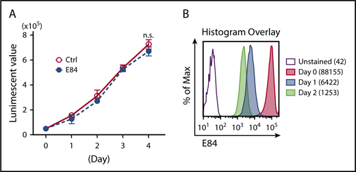 Figure 2. E84 staining does not block the proliferation of labeled cells. (A) Growth curves of E84-labeled 293T cells. Cells (5 × 105) were incubated in 10 nM E84 solution (or PBS control) for 30 minutes. After labeling, cells were washed with medium and cultured for 4 days. Cell viability was measured every day using the CellTiter-Glo Luminescent Cell Viability Assay Protocol (Promega). (B) MFI of E84-stained cells in culture was measured by FACS daily. After day 3, E84 staining was not detected. Representative results from 3 independent experiments are presented.