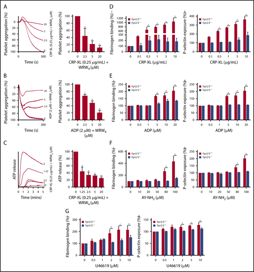 Figure 4. Positive feedback regulation of FPR2/ALX in platelets. The effects of different concentrations of WRW4 on CRP-XL– (0.25 µg/mL) (A) or ADP-induced (2 µM) (B) human platelet aggregation was analyzed by optical aggregometry. (C) The level of adenosine triphosphate (ATP) secretion in human platelets (PRP) treated with WRW4 prior to activation with CRP-XL (0.25 µg/mL) was measured by lumi-aggregometry. The levels of fibrinogen binding (i) and P-selectin exposure (ii) were analyzed in platelets obtained from control or Fpr2/3−/− mice upon stimulation with various concentrations of CRP-XL (D), ADP (E), AY-NH2 (F), or U46691 (G) by flow cytometry. Data represent mean ± SEM (n = 3). P values shown are as calculated by 2-way ANOVA followed by Bonferroni's correction in most of the experiments except for the data shown in panels A-C, which were analyzed by 1-way ANOVA followed by Bonferroni's correction (*P < .05; **P < .01).
