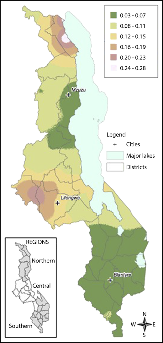 Figure 2. Geospatial distribution of HbS in Malawi. This map illustrates the differences in the geospatial distribution of HbS, with areas in the Northeast and West noted to have a higher prevalence of HbS than other areas of Malawi.