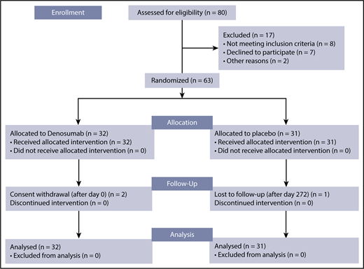 Figure 2. Consort flow diagram. Among the 80 patients assessed for eligibility, 63 were eventually randomized: 32 were allocated to and received DNM, whereas 31 were allocated to and received placebo. One patient from the placebo group was lost to follow-up, whereas 2 patients from the DNM group withdrew consent. The final analysis was made on an intent-to-treat basis.
