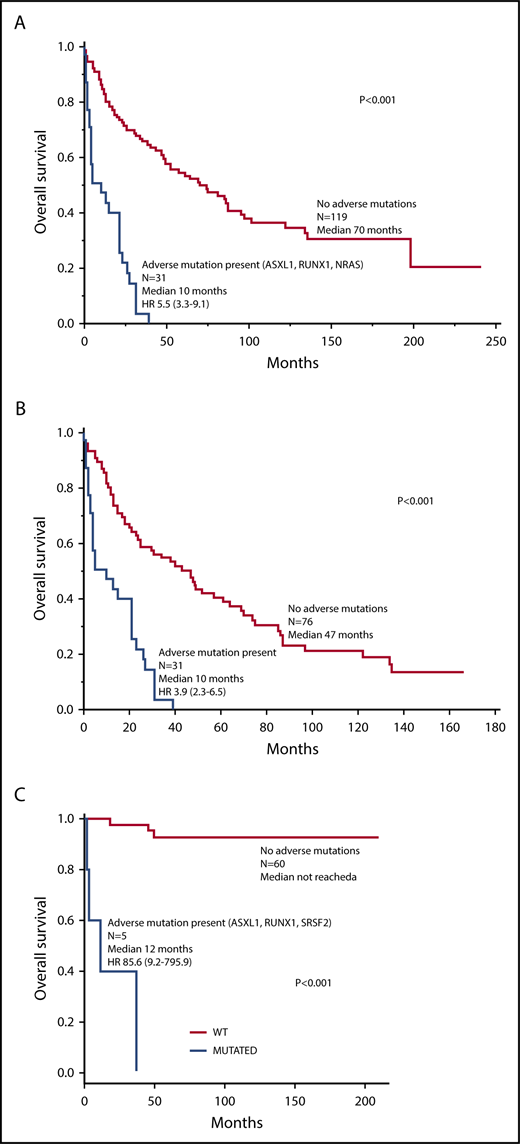 Figure 2. Survival data. (A) Survival data in 150 molecularly annotated Mayo Clinic patients with SM (107 advanced, 43 indolent/smoldering) stratified by the presence or absence of adverse mutations. (B) Survival data in 107 molecularly annotated Mayo Clinic patients with advanced SM, stratified by the presence or absence of adverse mutations. (C) Survival data in 65 molecularly annotated patients with SM (10 advanced, 55 indolent/smoldering) seen at the University of Florence, Italy, stratified by the presence or absence of adverse mutations.