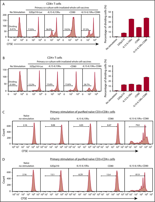 Primary coculture of splenocytes from normal naïve mice with transduced, irradiated 32Dp210-derived vaccines increases proliferation of CD3+CD8+and CD3+CD4+T cells. Whole splenocyte populations from normal naïve mice were labeled with CFSE and cultured alone (no stimulation), or in the presence of irradiated untransduced 32Dp210 cells, or with 32Dp210 cells transduced with lentiviral vectors carrying CD80, IL-15-IL-15Rα, or IL-15-IL-15Rα-CD80 (depicted above each graph) for 12 days. The percent dividing cells is indicated in each plot. After coculture, cells were stained with anti-CD3, anti-CD8, and anti-CD4 antibodies, and quantified by flow cytometric analyses. (A) Proliferation of CD3+CD8+ T cells. (B) Proliferation of CD3+CD4+ T cells. Bar graphs to the right of the flow plots depict the mean percentage of dividing cells from triplicate wells ± SEM. 32Dp210-luc indicates luciferase-positive parental leukemia cell line. The gene or genes expressed by each of the transduced 32Dp210 lines are indicated above each of the plots. (C and D) IL-15/IL-15Rα and CD80 expressed by the 32Dp210-IL-15/IL-15Rα/CD80 vaccine are highly synergistic in stimulating the proliferation of purified T cells from naïve normal mice. Splenocytes were harvested, and T cells were purified, labeled with CFSE, and cocultured with irradiated 32Dp210-derived vaccines in primary stimulation assays for 12 days. Thereafter, proliferation was quantified by flow cytometric analyses. (C) Proliferation of CD3+CD8+ T cells; (D) proliferation of CD3+CD4+T cells. The genes expressed by the 32Dp210-derived vaccines in each stimulation assay are indicated above each plot. The percent dividing cells is indicated in each plot. Controls include culture with media alone (no stimulation) and coculture with the untransduced parental 32Dp210 cells. (E-F) Secondary stimulation assays of splenocytes harvested from non-tumor-bearing mice treated with 32Dp210 vaccines and restimulated ex vivo with parental 32Dp210 cells exhibit enhanced proliferative capacity. Splenocytes were harvested from C3H mice previously vaccinated weekly 4 times with irradiated 32Dp210, 32Dp210-IL15-IL15Rα, 32Dp210-CD80, or 32Dp210-IL-15/IL15-Rα/CD80 cell vaccines. Cells were labeled with CFSE and cocultured for 12 days with untransduced 32Dp210 parent cells treated with 100 Gy γ-irradiation. Thereafter, cocultured splenocytes were stained with anti-CD3, CD4, and CD8 antibodies, and proliferation was quantified by flow cytometry. The percent dividing cells is indicated in each plot. (E) Proliferation of CD3+CD8+ T cells. (F) Proliferation of CD3+CD4+ T cells. Bar graphs to the right depict the mean percentage of dividing cells in triplicate wells ± SEM. Transgenes expressed by each vaccine cell line are indicated above each of the plots and below the corresponding bar graphs.