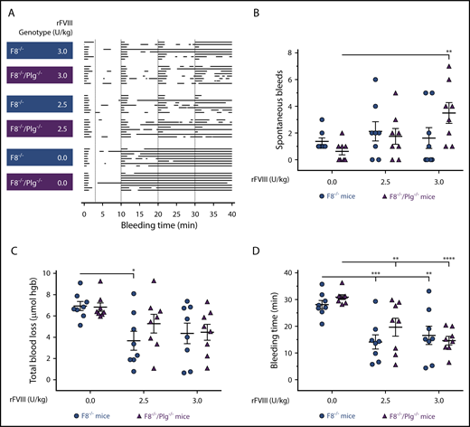 Figure 4. Plasminogen deficiency did not alleviate the bleeding phenotype or enhance the response to rFVIII treatment in F8−/−mice. (A) Graphical representation of individual bleeding profiles of mice treated with Advate buffer or rFVIII at 2.5 and 3.0 U/kg. Each row represents the entire bleeding profile of a single mouse with each bar representing a single bleeding episode for that mouse. The number of spontaneous bleeds (B), total blood loss (C), and bleeding time (D) of F8−/− and F8−/−/Plg−/− mice were quantified. Data are presented as the mean ± SEM and analyzed by 2-way ANOVA applying the Bonferroni test to adjust for multiple comparisons. *P < .05, **P < .01, ***P < .001, ****P < .0001. hgb, hemoglobin.