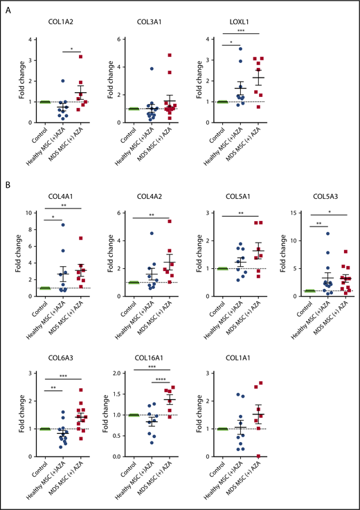 Transcriptional regulation of HSPC-supportive stromal genes in primary MSCs treated with AZA. Primary healthy and MDS MSCs were treated with AZA (10 µM) once or left untreated. After 4 days, MSCs were harvested and expression of selected stromal HSPC-supportive genes was validated by comparative RT-PCR. (A) Selected hub genes of the brown module (ECM receptor interaction, from Figure 6C). (B) Seven collagens differentially expressed between untreated healthy and MDS MSCs (from Figure 6D). (C) Other stromal HSPC-supportive genes differentially expressed between untreated healthy and MDS MSCs (from Figure 6D, in red). *P < .05; **P < .01; ***P < .001; ****P < .0001.
