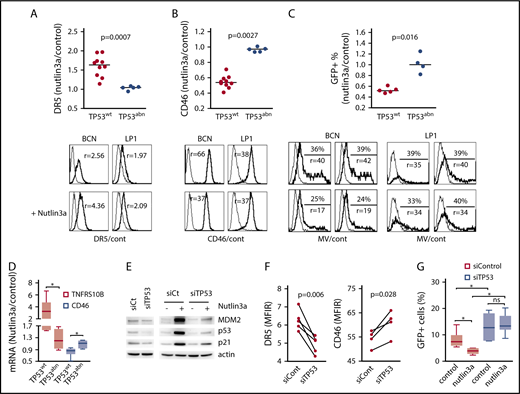 Figure 3. The p53 pathway modulates CD46 expression and sensitivity to MV. Cells were treated for 24 hours with 5 or 10 μM nutlin3a (in TP53wt and TP53abn cell lines, respectively). (A-B) DR5 (A) and CD46 (B) staining was performed at 24 hours in 10 TP53wt and 5 TP53abn cell lines. DR5 and CD46 expression was assessed by flow cytometry and expressed as the MFIR. Results are expressed as the fold changes of MFIR (nutlin3a-treated cells over control cells). Histograms represent the expression of DR5, CD46, and GFP after treatment with nutlin3a in the TP53wt BCN and TP53abn LP1 cell lines. Thin line, control staining; thick line, specific staining. r, MFIR. Statistical analyses were performed using the Mann-Whitney U test. (C) After 24 hours of nutlin3a treatment, cells (5 TP53wt and 4 TP53abn cell lines) were washed and incubated with MV-GFP (MOI = 1). The percentage of GFP-positive cells was assessed 2 days later, and results are expressed as the fold changes of the percentage of GFP-positive cells in nutlin3a-treated over control (cont) cells. The histograms represent the expression of GFP after treatment with nutlin3a (duplicate wells are shown) in the TP53wt BCN and TP53abn LP1 cell lines (MOI = 2 or MOI = 0.5, respectively). Thin line, GFP in noninfected cells; thick line, GFP in MV-GFP infected cells. Statistical analyses were performed using the Mann-Whitney U test. (D) CD46 and TNFRSF10B (DR5) mRNA expression in nutlin3a-treated HMCLs. Cells were treated for 24 hours with 5 or 10 μM nutlin3a (in TP53wt and TP53abn cell lines, respectively). mRNA expression was assessed using quantitative RT-PCR and results are expressed as the fold change of treated over control cells. Each point represents the mean of 2 experiments performed in triplicate wells in each cell line. Statistical analyses were performed using the Mann-Whitney U test. (E) Western blotting analysis of p53 expression in TP53-silenced BCN cells. p53 expression and p53 pathway activation were assessed with and without nutlin3a (24 hours, 5 μM). (F) TP53 silencing induced a decrease in DR5 expression and an increase in CD46 expression. BCN cells were transfected with siControl or siTP53, and expression of receptors was assessed by flow cytometry after 24 hours. Statistical analyses were performed using the paired Student t test. (G) TP53 silencing increased MV-GFP infection in TP53wt BCN cells. BCN cells were transfected with siControl or siTP53 for 2 days. For the last 24 hours, nutlin3a was added prior to washes and MV-GFP infection. GFP expression was assessed 24 hours later. The data represent 2 independent experiments. Statistical analyses were performed using the paired Wilcoxon matched-paired signed rank test. *P < .05. siCt, siControl mRNA.