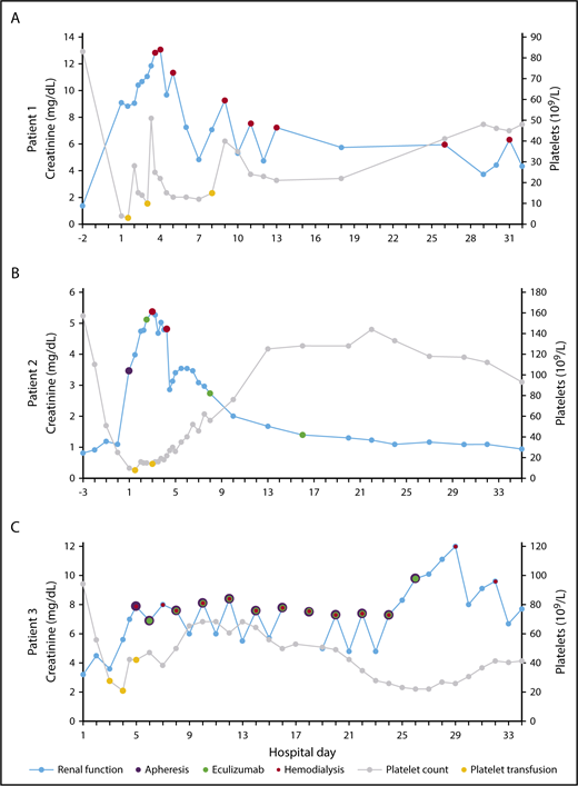Figure 2. Creatinine and platelet count vs hospital day. HD (red), apheresis (purple), and eculizumab (green) are plotted on creatinine (blue) and platelet transfusions (yellow) are plotted on platelet count (gray) for patient 1 (A), patient 2 (B), and patient 3 (C).