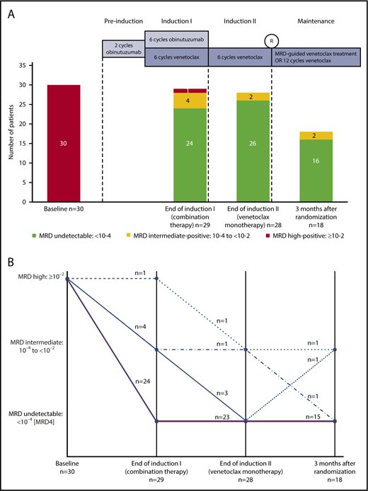 Figure 2. Serial MRD results. MRD data were obtained for 29 of 30 patients at the end of induction I (combination treatment) and 28 of 30 patients at the end induction II (venetoclax monotherapy), cycle 8 and cycle 14, respectively. Additional MRD data were obtained for 18 of 30 patients at 3 months after randomization. (A) Absolute numbers of measured MRD on peripheral blood. (B) Kinetics of MRD per patient.