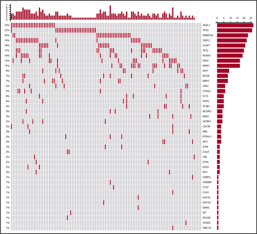 Figure 3. Oncoprint of mutations found in all treated patients. Each column corresponds to an individual patient, and each row corresponds to a specific mutation, the frequency of which is indicated as a percentage on the left of the figure and as a bar graph on the right. The bar plot on the right indicates the number of mutated patients. The bar plot at the top indicates the number of mutations in each patient.