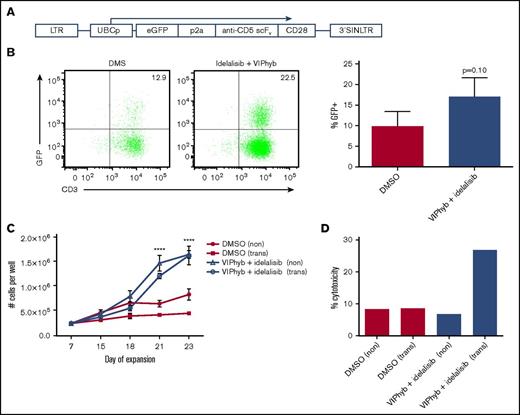 Figure 4. Idelalisib and VIPhyb enhance the expansion and functionality of CAR T cells in vitro. CD5 CAR T cells were produced from healthy donors (n = 3) in the presence or absence of idelalisib and VIPhyb and evaluated for growth, transduction efficiency, and in vitro cytotoxicity. (A) CD5 CAR vector design. (B) Transduction efficiency as assessed by GFP expression. (C) Expansion profiles of CD5 CAR T cells under the indicated culture conditions. (D) In vitro cytotoxicity of CD5 CAR T cells generated from healthy controls and expanded under the indicated conditions. eGFP, enhanced green protein; LTR, long terminal repeat; SIN, self-inactivating.