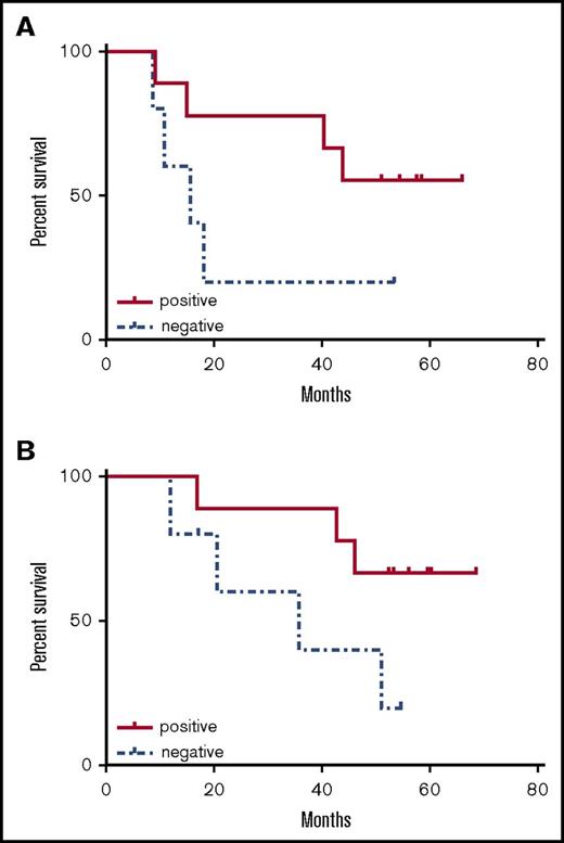 Figure 5. Survival curves according to immunologic response. (A) DFS (from time of CR; median not reached vs 15.6 months, P = .11). (B) OS (from time of diagnosis; median not reached vs 35.8 months, P = .08).
