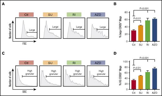 Figure 3. Size and granularity of in vitro–grown megakaryocytes in the presence of inhibitors. (A) Representative data of FSC on day 12 of in vitro–grown, CD42bHigh megakaryocytes. Cells have a wide size distribution, but with most of them being small megakaryocytes. Horizontal lines in the graphs indicate size range of the megakaryocytes classified as “large” megakaryocytes with FSC >70% of FSC of the control sample. (B) Mean percentage ± 1 SEM of the day 12, in vitro–grown, CD42bHigh inhibitor-treated and control megakaryocytes. P values were determined using 1-way ANOVA in comparison with the control. (C) Representative data of SSC of day 12, in vitro–grown, CD42bHigh megakaryocytes. Cells have wide granularity distribution, with most of them being low-granular megakaryocytes. Horizontal lines in the graphs indicate granularity range of the megakaryocytes classified as high-granular megakaryocytes with SSC >70% of the SSC in the control sample. (D) Mean percentage ± 1 SEM of the day 12, in vitro–grown, CD42bHigh inhibitor-treated and control megakaryocytes that are high-granular (HG). In both panels B and D, N = ≥6 independent experiments. P values were determined using 1-way ANOVA in comparison with the control.