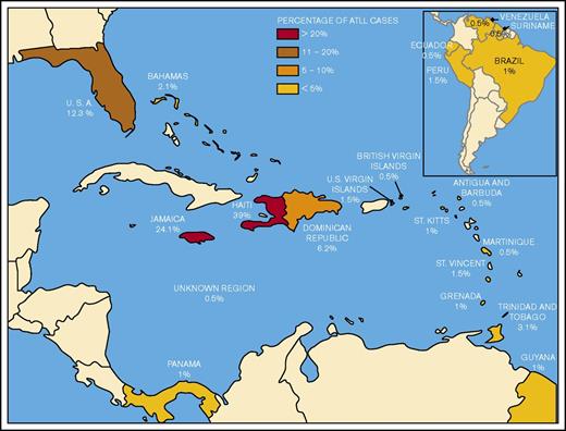 Figure 1. Geographical distribution and originating countries of ATLL patients encountered in Miami, FL (N = 195).