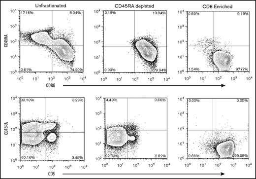 Figure 1. Representative flow analysis of peripheral blood apheresis collections from the preselection, post-CD45RA depletion, and CD8+ enrichment steps. Cells were stained for expression of CD4, CD8, CD45RA, and CD45RO. Plots show CD45 gated events.