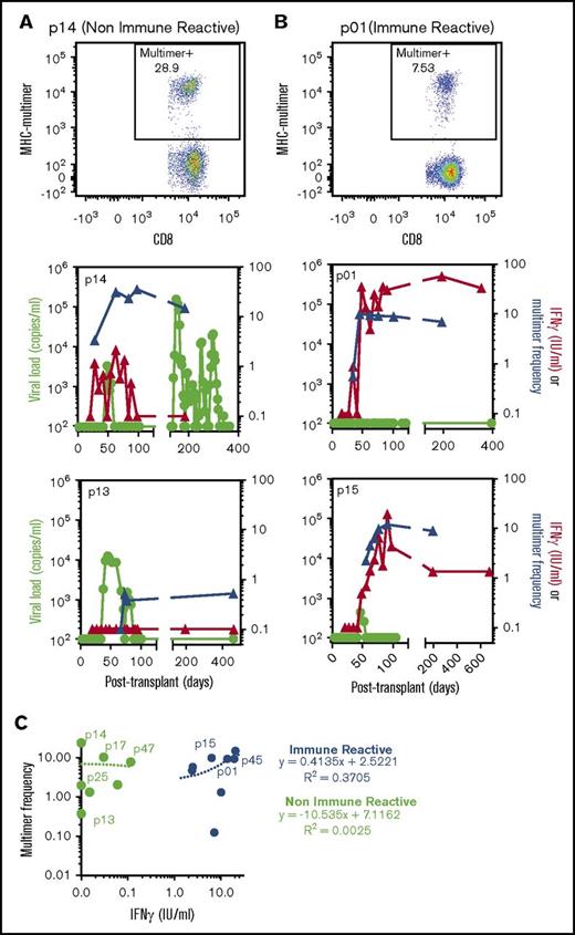 Figure 1. CMV-specific T-cell immune reconstitution and viral reactivation in HSCT patients. Longitudinal blood samples from HSCT recipients were monitored for viral reactivation and assessed for CMV-specific T-cell immunity using QuantiFERON and HLA-matched MHC-multimer analysis. (A-B) Representative MHC-multimer analyses from a NIR patient (p14) (A) and IR patient (p01) (B) are shown. Longitudinal analysis of viral load, MHC-multimer frequency, and QuantiFERON response in 2 NIR patients (p15 and p13) (A) and 2 IR patients (p01 and p15) (B) are shown. (C) Comparative analysis of the QuantiFERON IFN response and MHC-multimer frequency in IR (blue) and NIR (green) patients at 10 to 14 weeks after transplant. Linear regression lines and coefficient of determination (R2) are shown, and patients used for RNA-seq are annotated.