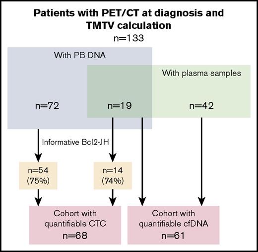 Figure 1. Patients and cohorts. A total of 133 patients with assessment of TMTV at diagnosis were included. They were treated at Dijon University Hospital (n = 61; green rectangle) or at Henri Mondor University Hospital in Créteil (n = 72). A plasma sample was available for cfDNA extraction for all the patients treated at the Dijon hospital (n = 61; green rectangle). A DNA sample extracted from a peripheral blood sample at diagnosis was available for 72 patients treated at the hospital in Creteil and for 19 patients treated at the Dijon hospital (n = 91; blue rectangle). Out of these 91 samples, 68 (54 + 14) were bcl2-JH informative (75%). Two groups of patients were therefore analyzed; the first included 61 patients with cfDNA and TMTV, and the second group included 68 patients with interpretable peripheral blood and TMTV.