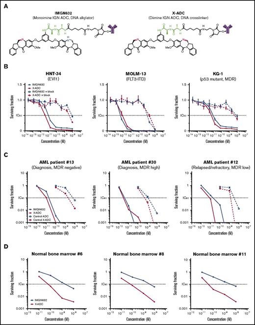 Figure 2. Evaluation of G4723A ADCs with monoimine or diimine IGN payloads. (A) Chemical structures of IMGN632 and X-ADC. Imine is highlighted in red; amine is highlighted in blue, and peptide linker is highlighted in green. (B) In vitro potency of IMGN632 and X-ADC toward CD123-positive HNT-34, MOLM-13, and KG-1 cells without and with blocking antibody. (C) Potency of IMGN632, X-ADC, and their control nonbinding ADCs toward leukemic progenitors from AML patients with various treatment and MDR status in CFU assays. (D) Potency of IMGN632 and X-ADC toward normal myeloid progenitors from healthy donors in CFU assays.