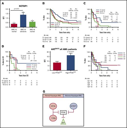 Figure 2. Patients with detectable SETBP1 protein at diagnosis have inferior overall survival. (A) SETBP1 protein expression is significantly elevated in younger AML patients with adverse karyotype (P = .001; Mann-Whitney U test). Error bars are standard error of mean. (B) Kaplan-Meier estimates for overall survival in all patients. All AML patients are stratified into diagnostic SETBP1 terciles: absent (T1), intermediate (T2), and high (T3). (C) Young adverse patients. (D) Relapse-free survival for younger adverse AML patients, stratified by the SETBP1 level at diagnosis. The numbers of assessable cases are shown below each plot. (E) High AKTS473 level is associated with inferior overall survival. (F) Kaplan-Meier estimates for overall survival for young adverse AML patients stratified by quartiles according to the AKTS473 level at diagnosis. High AKTS473 level is associated with inferior overall survival (P = .05; log-rank test). (G) Suggested model of PP2A inhibition in AML. In normal karyotype patients, PP2A is inhibited predominately by CIP2A whereas in adverse-risk patients, SETBP1 inhibition dominates. PP2A inhibition from either source results in high levels of AKTS473. *Denotes statistical significance when compared to normal MNC cells. CR, complete remission.