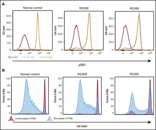 Figure 6. Validation of T-lymphocyte function in cells obtained from FV vector–treated SCID-X1 canines. (A) pSTAT3 was measured in PBMCs isolated from animals R2258 and R2260 (nonmobilized; 485 days posttreatment) or from a normal littermate control and cultured in vitro with no, low, or high levels of IL-21. pSTAT3 signal is gated from CD3+ cells. (B) Proliferative response to phytohemagglutinin of PBMCs isolated from the same animals and same time point shown in panel A. Cell proliferation was determined by dilution of CellTracker dye.