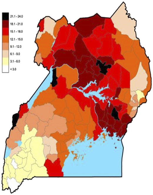 Prevalence of sickle cell trait in 112 districts in Uganda. Reproduced from Ndeezi G et al, Lancet Glob Health. 2016;4(3):e195-e200, with permission.