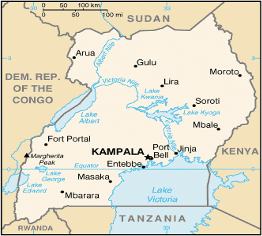 Map of Uganda indicating Kampala, the location of the UCI-Fred Hutch Cancer Centre.