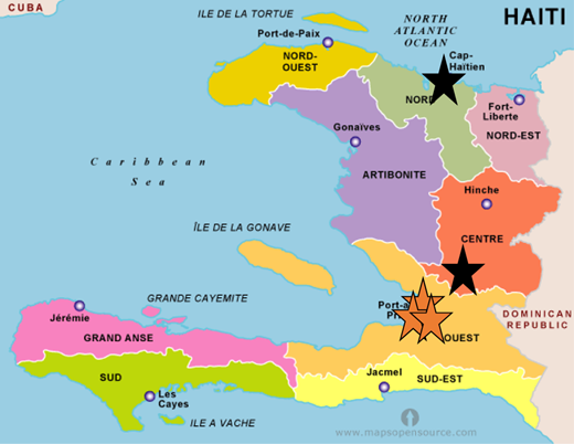 Map of Haiti showing location of NBS programs (black stars) and future programs (orange stars).