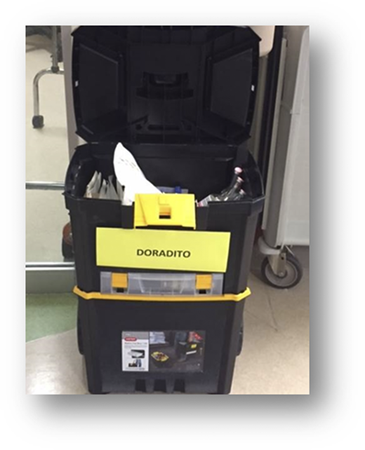 The Golden box showing all of the supplies and medications needed for each NF event.