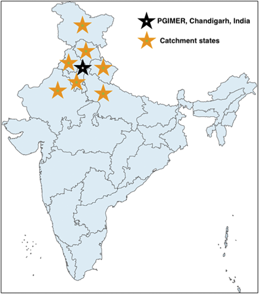 The catchment area of PGIMER Chandigarh covers the states in northern India.