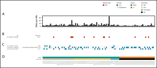 Figure 2. Overview of CRE mutations, amplifications, and losses associated with altered target gene expression in DLBCL and FL. (A) Genome-wide mutation burden for each tumor. (B) Occurrence of SNVs in the TPRG1 CRE. (C) Occurrence of amplifications and losses at CREs associated with altered target gene expression. (D) Disease type and the cell of origin of each tumor. The figure was generated by using GenVisR.60