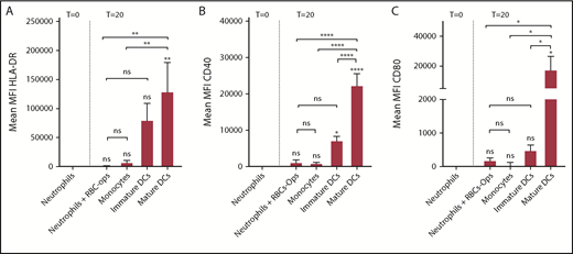 Figure 3. Mature DCs have far greater expression levels of MHC-II and costimulatory molecules. Surface expression of HLA-DR, CD40, and CD80 on freshly isolated neutrophils (T = 0), neutrophils plus RBC-ops cultured for 20 hours (T = 20), monocytes, immature or mature DCs. Data represent the MFI values of HLA-DR (A), CD40 (B), and CD80 (C) (mean ± SEM; n = 3-5). Asterisks above the straight-line bars represent significant differences compared with T = 0 neutrophils; asterisks above the inverted U–shaped spanner bars represent significant differences between the indicated bars (****P < .0001; **P < .01; *P < .05).
