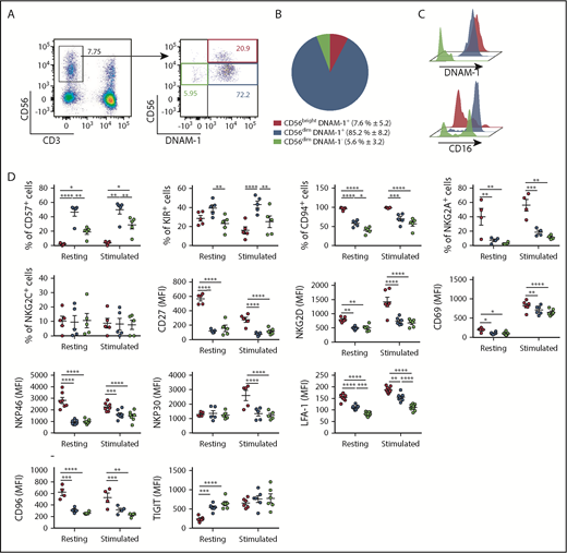 Figure 1. Low DNAM-1 expression defines a unique subset of CD56dim NK cells displaying reduced expression of CD57, inhibitory KIRs, and LFA-1. (A) Representative fluorescence-activated cell sorter staining of healthy donor peripheral blood lymphocytes displaying the gating strategy used to identify NK cells (left) and CD56brightDNAM-1pos, CD56dimDNAM-1pos, and CD56dimDNAM-1neg NK cell subsets (right). Numbers show percentages of the gated populations. (B) Proportions of NK cell subsets defined as in panel A are shown as mean percentage ± standard deviation from 13 healthy donors. (C) Histograms showing DNAM-1 and CD16 expression on the 3 NK cell subsets defined as in panel A; CD56brightDNAM-1pos (red histogram), CD56dimDNAM-1pos (blue histogram), and CD56dimDNAM-1neg (green histogram). (D) Marker expression by NK cell subsets pre- and postovernight stimulation with IL-12 (10 ng/mL), IL-15 (100 ng/mL), and IL-18 (50 ng/mL) is shown as percentages of positive cells or mean fluorescence intensity (MFI). Single data points represent the mean value of duplicate wells. Data are shown as mean ± standard error of the mean (SEM) from 4 to 9 healthy donor samples and were analyzed by using a 2-way ANOVA followed by a Tukey multiple comparisons post hoc test. *P < .05; **P < .01; ***P < .001; ****P < .0001.