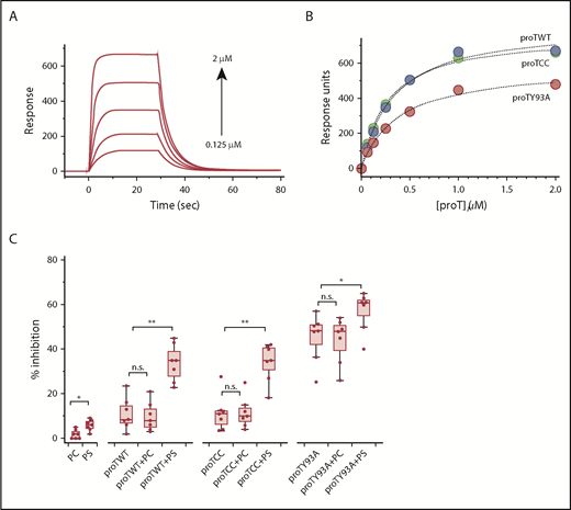 Figure 4. Effect of the membranes. Binding of proTWT (green circles), proTCC (blue circles), and proTY93A (red circles) to PS-containing liposomes monitored by surface plasmon resonance. (A) Representative sensograms for proTCC (0.125-2 μM, 1:2 dilution). (B) Plot of response units (RUs) as a function of prothrombin concentration. Solid lines were drawn according to a simple binding equation with best-fit parameters: proTWT, RU0 = 0, RU∞ = 773 ± 14, dissociation constants (Kd) = 270 ± 15 nM; proTCC, RU0 = 0, RU∞ = 822 ± 14, Kd = 329 ± 10 nM; proTY93A, RU0 = 0, RU∞ = 581 ± 14, Kd = 370 ± 21nM. (C) Competitive inhibition of proTWT, proTCC, and proTY93A at 5 μM in the absence or presence of liposomes (100 μM).