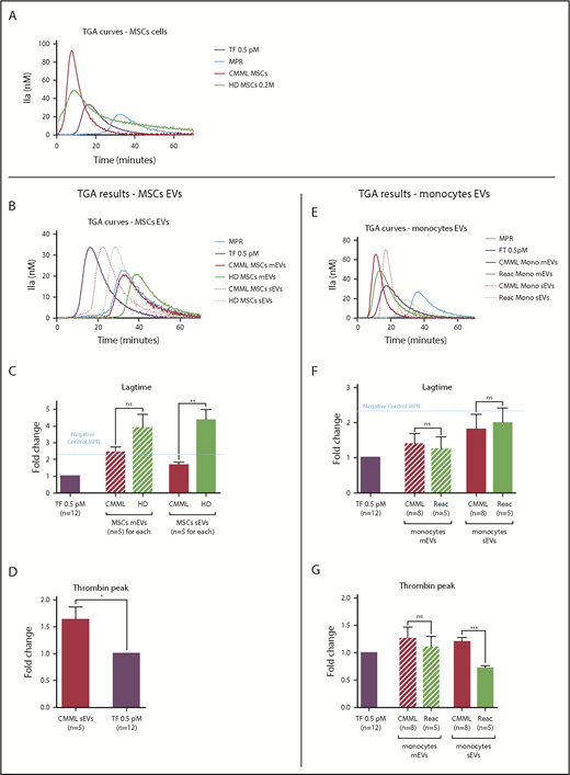 Figure 2. The procoagulant impact of CMML MSCs and monocytes is conveyed by sEVs. Lag times and thrombin peak are expressed as fold changes of values obtained with positive control (TF 0.5 pM). The negative control used was MPR 0.5. Any thrombin generated after corresponded to contact-phase activation. CMML EVs are represented in red, HD EVs in green, and TF 0.5 pM in purple. Continuous curves represent mEVs, and dotted curves represent sEVs. *P ≤ .05, **P ≤ .005, ***P ≤ .0005. (A) TGA curves of 0.2 million CMML MSCs and HD MSCs compared with 0.5 pM TF. (B) TGA curves of CMML and HD MSC mEVs and sEVs. (C) Coagulation lag time for CMML and HD MSC EVs. (D) Peak of thrombin generated by CMML MSC sEVs. (E) TGA curves of CMML and reactional monocyte mEVs and sEVs. (F) Coagulation lag time for CMML and reactional monocyte EVs. (G) Peak of thrombin generated by CMML and reactional monocyte EVs. Mono, monocytes; ns, not significant.