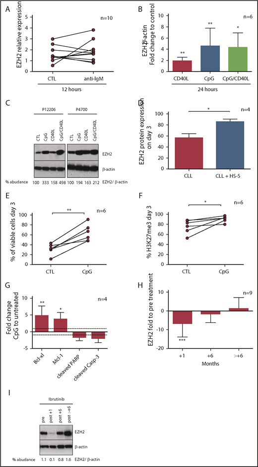 Figure 1. External stimuli and ibrutinib treatment modulate EZH2 expression. (A) EZH2 mRNA analysis using real-time quantitative polymerase chain reaction of 10 CLL cases after BcR stimulation for 12 hours. In 5 of 10 cases, EZH2 was upregulated (FC = 1.7; P < .05), whereas the remaining were downregulated (FC = 1.4; P < .01). In the graph, 2 connected points represent EZH2 relative expression in 2 different conditions for each patient. (B) Each bar in the graph shows the mean values of the FC of EZH2 protein expression (as analyzed by using western blotting) in cells stimulated with CD40L and/or CpG for 12 hours, normalized to unstimulated control cells. Asterisks indicate significant differences compared with the unstimulated control. (C) Immunoblotting analysis of EZH2 protein expression and β-actin of 2 representative cases. (D) Each bar in the graph shows the mean values with standard deviation of EZH2 expression in CLL cells alone or CLL cells cocultured with HS-5 cells for 3 days (n = 4, FC = 1.5; P < .05). CLL cell viability analysis (E) and H3K27me3 levels (F) at day 3 after TLR9 stimulation, using flow cytometry. In the graph, connected points represent the percentage of viable cells or H3K27me3 levels in 2 conditions: unstimulated control (CTL) and the cells stimulated with CpG (n = 6; FC = 2.1, P < .01; FC = 1.2, P < .05). (G) Each bar in the graph shows the mean values of FC of Bcl-xl, Mcl-1, cleaved PARP, and cleaved caspase-3 of stimulated CLL cells with CpG for 3 days, compared with unstimulated control cells. Asterisks indicate significant differences compared with the unstimulated control (n = 4, FC = 4.8, P < .01; FC = 3.7, P < .05; FC = –1.7 and FC = –2, respectively). (H) CD19+ cells from patients before treatment initiation with ibrutinib and at 1, 6, and >6 months under treatment were lysed for western blotting analysis of EZH2 protein expression. Each bar in the graph represents the median values with range of EZH2/β-actin protein expression normalized to the pretreatment sample (n = 9, FC = 4.3, P < .001). (I) Immunoblotting analysis of EZH2/β-actin levels for 1 representative case. *P < .05, **P < .01, ***P < .001.  IgM, immunoglobulin M.