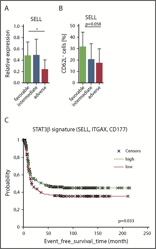 Figure 7. Increased levels of SELL correlate with favorable clinical prognosis in our AML cohort and increased event-free survival in publicly available AML patient data sets. (A) SELL mRNA expression levels (normalized to β-ACTIN) in AML patients with favorable (n = 9), intermediate (n = 38), or adverse (n = 8) prognosis. Data (favorable vs adverse) were compared using the Student t test. (B) SELL/CD62L expression levels analyzed by flow cytometry in AML blasts from patients with favorable (n = 7), intermediate (n = 38), or adverse (n = 7) prognosis. Data (favorable vs adverse) were compared using the Student t test, and significance is indicated by P = .058. (C) Gene signatures from publicly available AML patient data sets (n = 740) were compared, showing that patients with high expression of the STAT3β signature (SELL, ITGAX, CD177) had better survival compared with patients with low expression in 740 AML patients (HR, 0.78; P = .33). *P < .05.